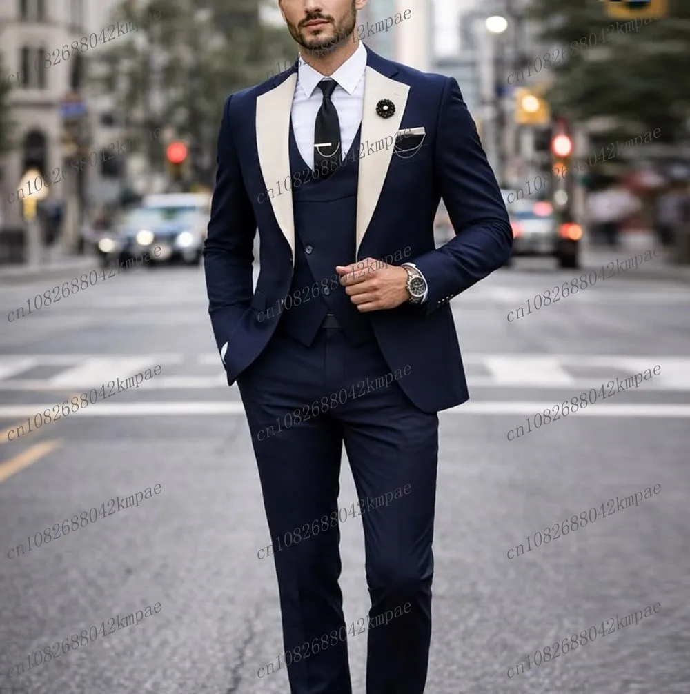 

Ivory Collar Navy Blue Men Suit Formal Groom Groomsman Wedding Party Prom Business Male Tuxedos 3 Piece Set Blazer Vest Pants