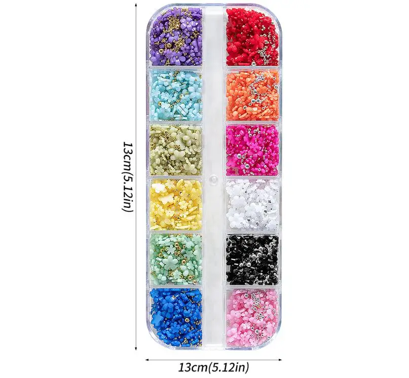 12-Grid Mixed Flower Nail Charms Kit, 12-Color Gold, Silver Steel Balls & Rhinestones, DIY Nail Art Decorations, Professional Be