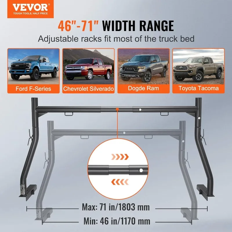 VEVOR Extendable Steel Truck Ladder Rack - 800 lbs Capacity, 46-71 inch, Non-Drilling for Kayak, Surfboard, Lumber, Ladder