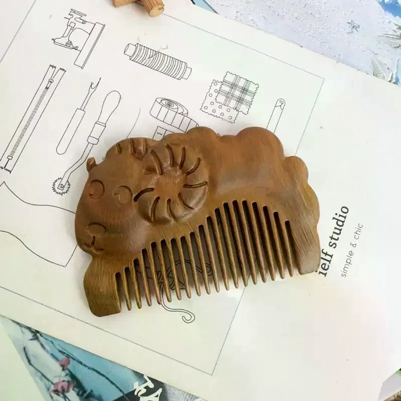 Natural Sandalwood Hair Comb Mini Baby Zodiac Sheep Hair Comb Women Wooden Detangle Combs Anti-Static Scalp Massager Hair Care
