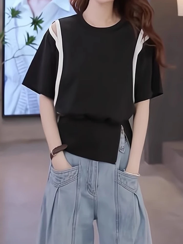 

Chic Summer ort Sve T-irt Women's Base irt Overhead Design Color Blo oulder Bared Split Bot Faionable Casua...