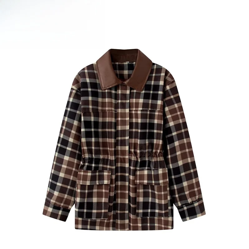 Fashionable Checks Fabric Coat New Style for Women Standard Edition Long Sleeve Zip Closure Regular Length Polyester Fiber