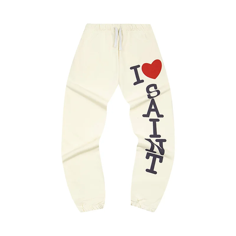 Saint American Trendy Heart Print Jogger Pants Cream Color Casual Streetwear Sweatpants