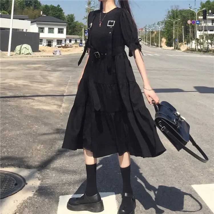 Gothic Style Dress Women Mall Goth Harajuku Emo Kawaii Dress Gothic Punk Japanese Cute Long Sleeve Black Midi Dress 400g