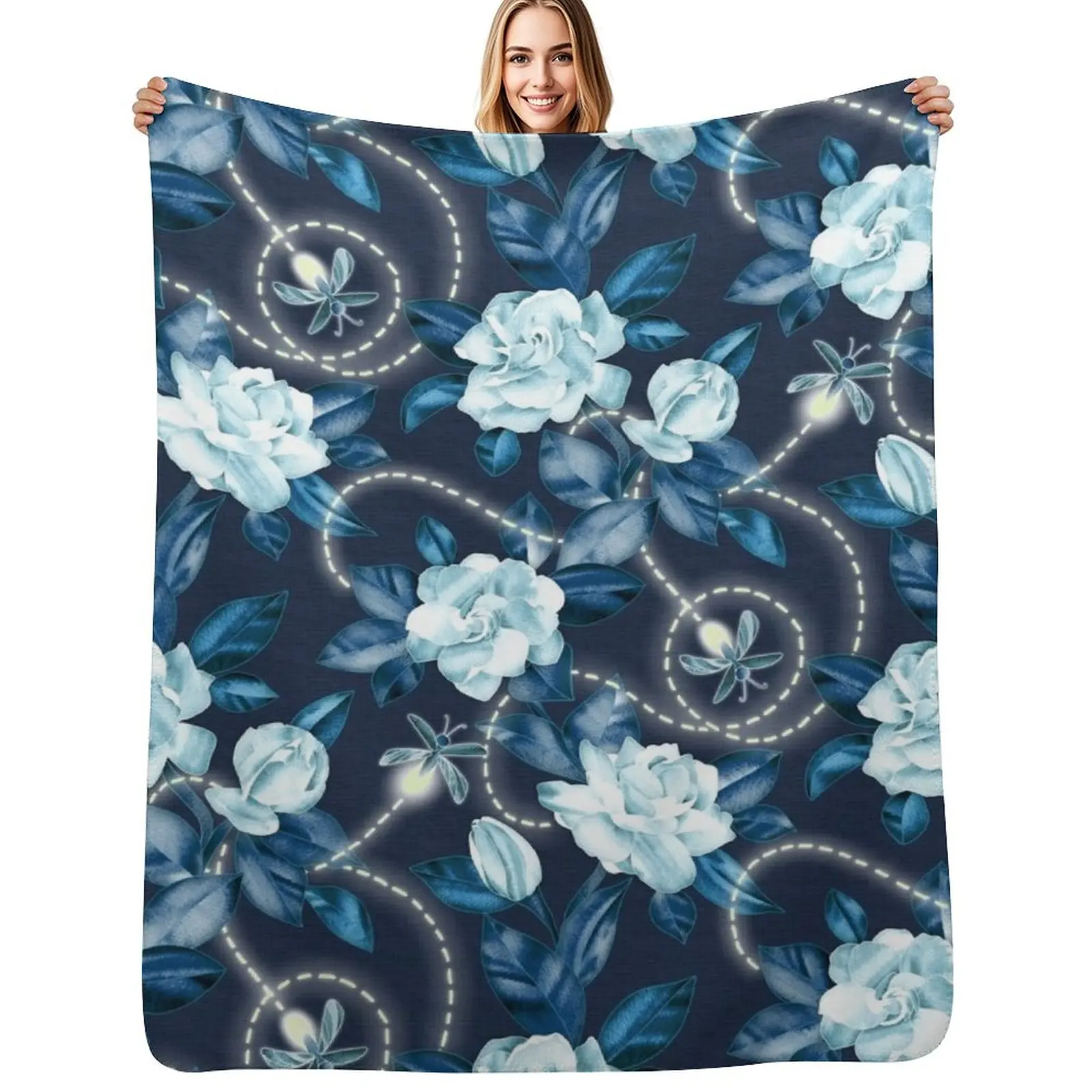

Midnight Sparkles - Gardenias and Fireflies in Sapphire Blue Throw Blanket Cozy Warm Blanket for Bed Room Decor