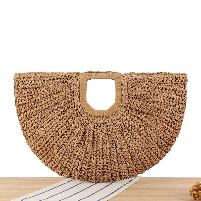 Bolso de paja de verano para mujer, bolso de playa de media luna, mango hecho a mano de ratán, bolso de mano tejido a la moda, bolso de paja para mujer, bolso de playa envuelto