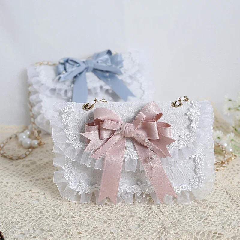 

Японская оригинальная сумка ручной работы для девочек, сумка-мессенджер с кружевным бантом в стиле Лолиты, милая и милая универсальная сумка на плечо JK