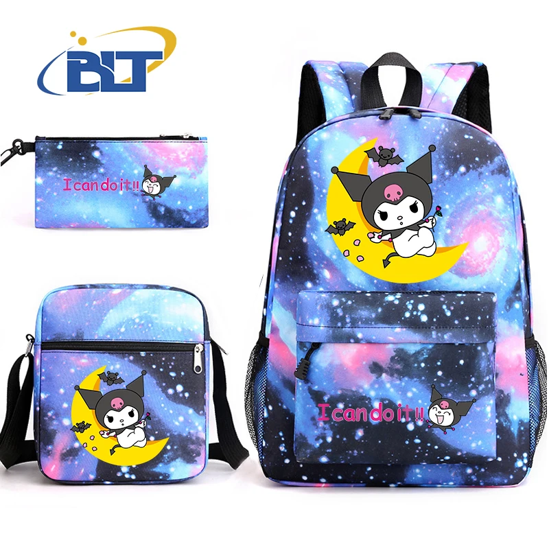 Kuromi Print Rugzak Set Campus Student Schooltas Etui Schoudertas 3-delige Set Voor Meisjes