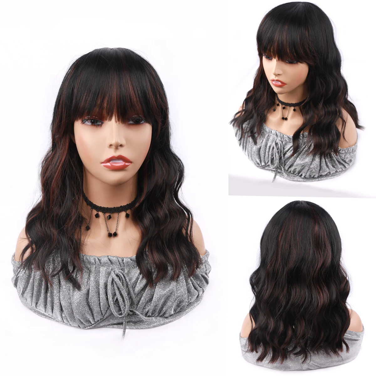 

Middle Wave Wigs with Bangs Ombre Brown Blonde Water Wave Natural Hair Wigs For Women Heat Resistant Synthetic Wigs Cosplay