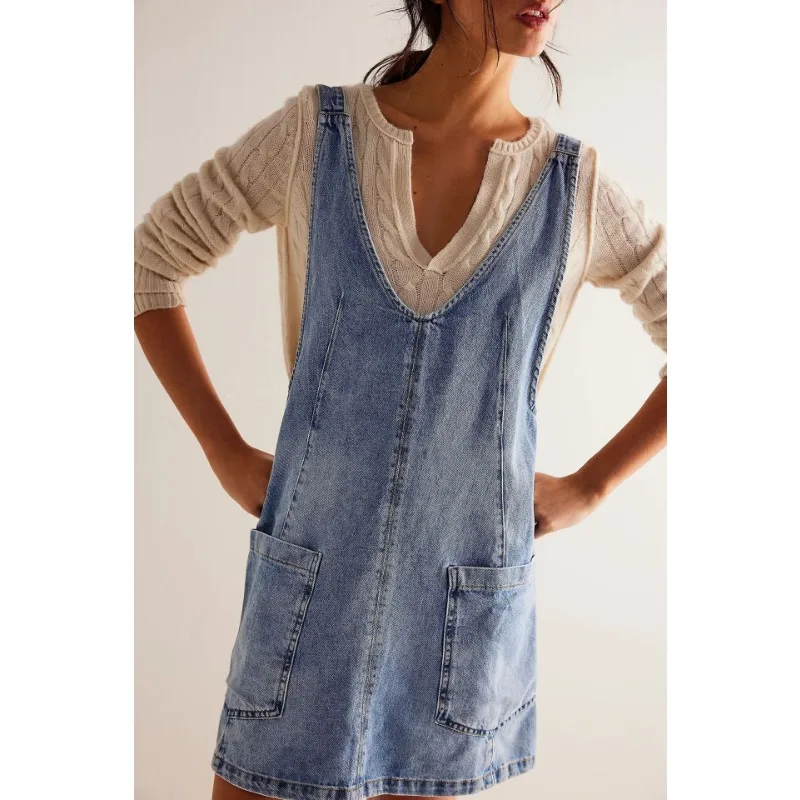 

2025 Summer Vintage Women Pocket Denim Dress Elegant Chic Adjustable Spaghetti Strap V Neck Backless Mini A-line Dress