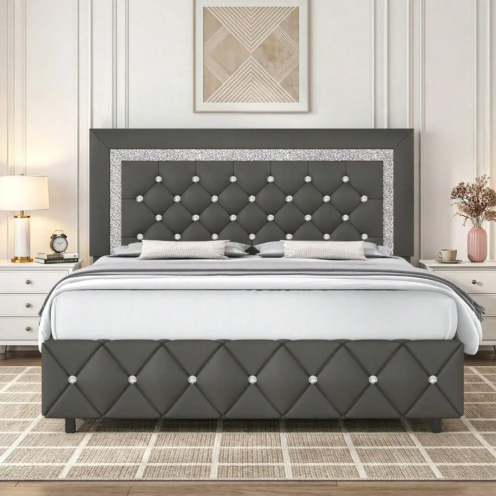 Full Queen King Size Bed Frame, Upholstered Bed Frame With Diamond Headboard And Footboard, Pearl White Beige Black Grey Pink Pu