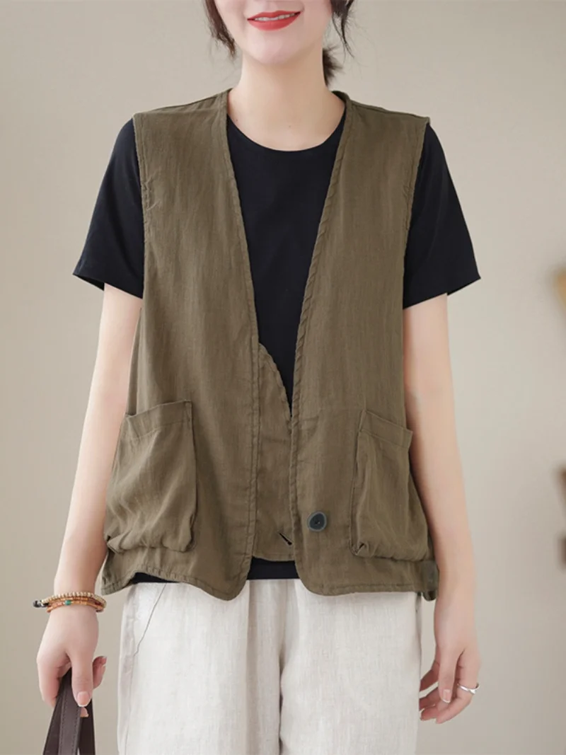 

Lightweight Linen Cotton Vest Women's Retro ket Color V-ne Top Summer Commute Sle Button Detail Workwear