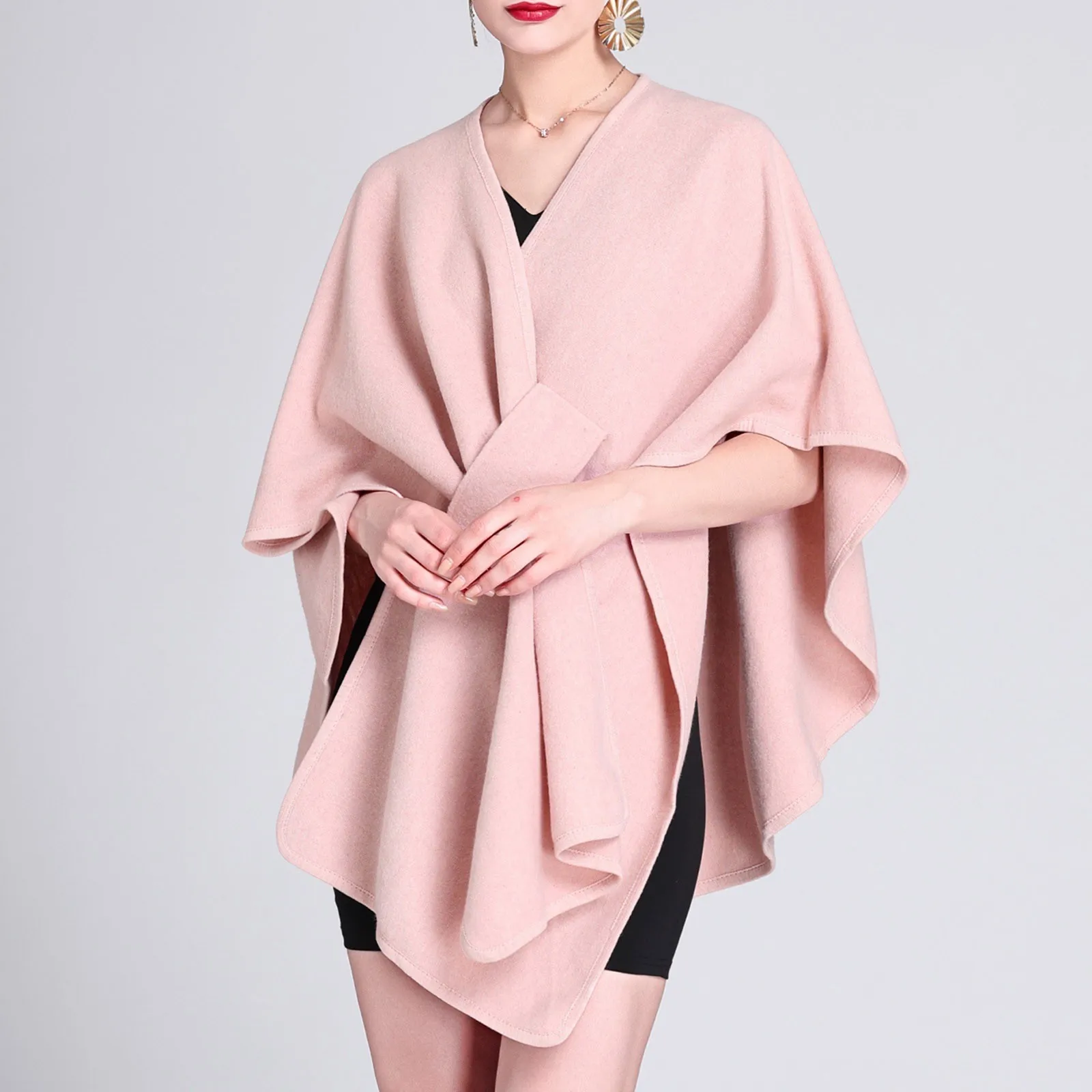 

Fashion Side Strap Soft Wool Blends Poncho Cape Coat Autumn Winter Women Cardigan Shawl Cloak Scarf Jacket Pullover Cardigan