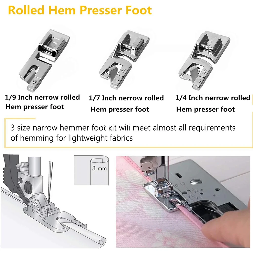 9 PCS Narrow Rolled Hem Feet Rolled Hem Presser Foot Zig Zag Foot Adjustable Guide Bias Binder Foot Sewing Machine Accessories
