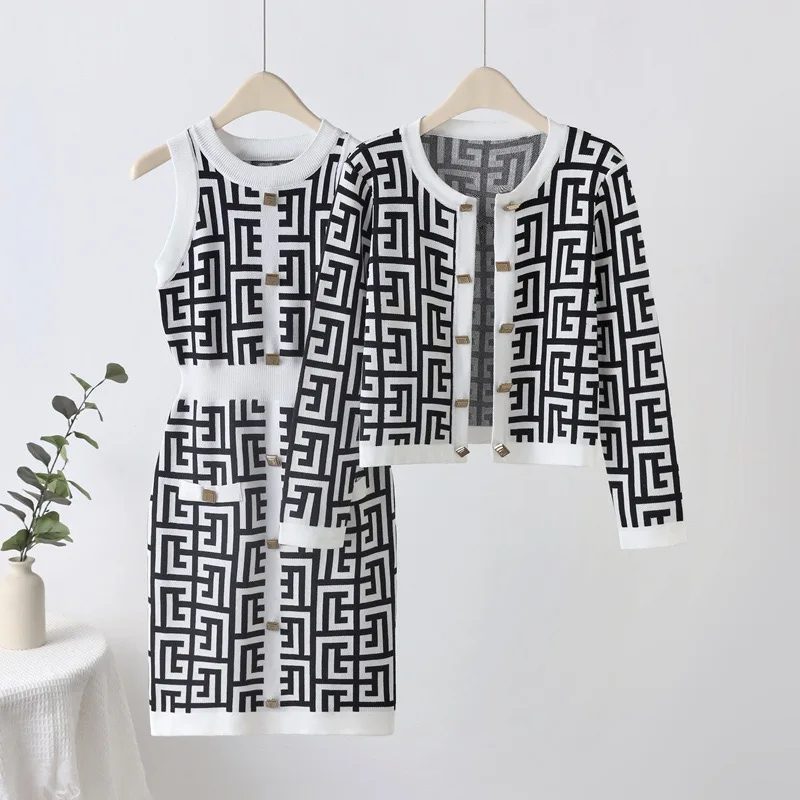 Elegant Women Knitted 2 Piece Sets Korea Soft Vintage O-neck Cardigan Coats Tops Outfit Casual Sexy Sleeveless Dress Ensemble