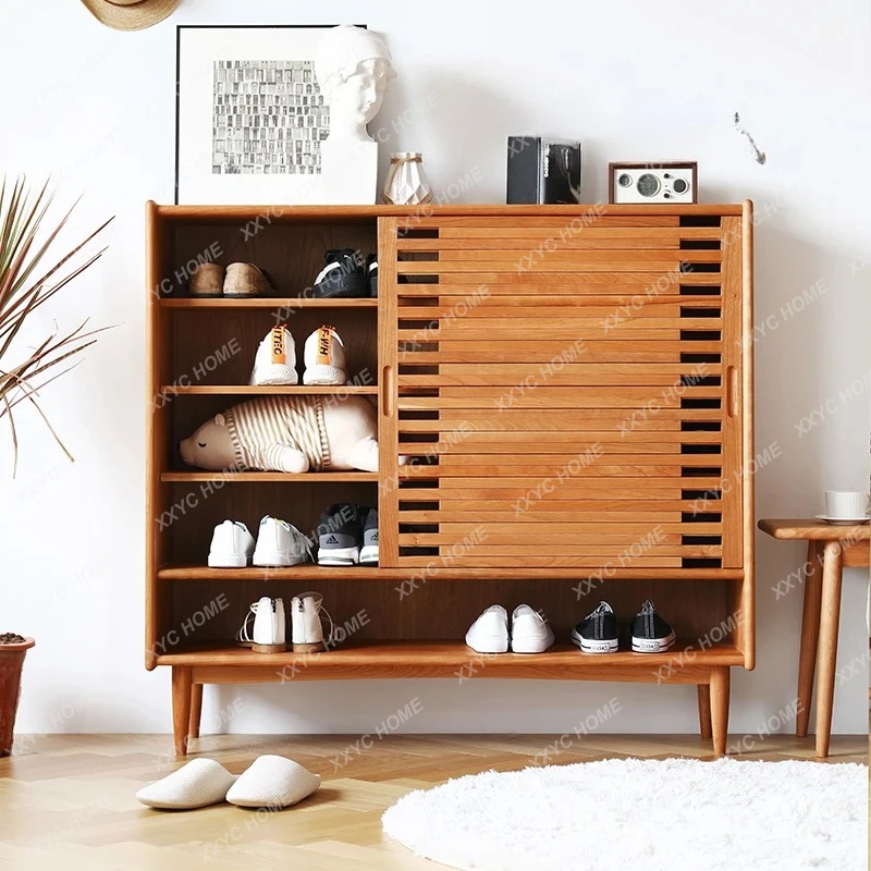 L wood shoe cabinet household door cherry wood sliding door entrance cabinet integrated partition storage cabinet