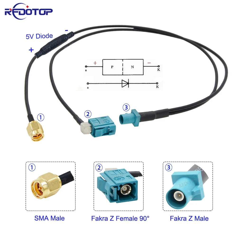 

Fakra Z to SMA Male Y Type Splitter Cable With Diode RG174 Pigtail Car Navigation GPS Antenna Extension Cable for Android Device