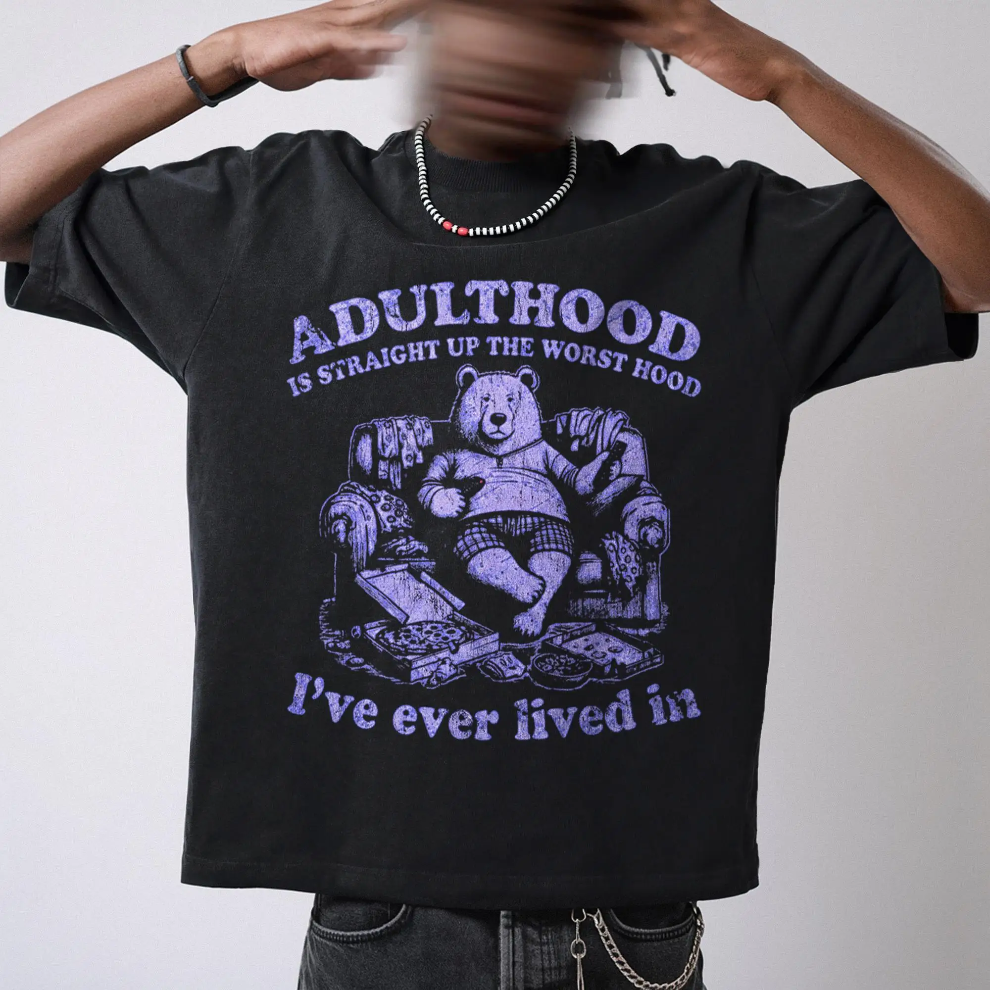 Adulthood Is The Worst Hood Vintage T Shirt Retro 90s Car Raccoon Shirt Trash Panda JDM Tee Funny Unisex Adult Graphic T Shirt