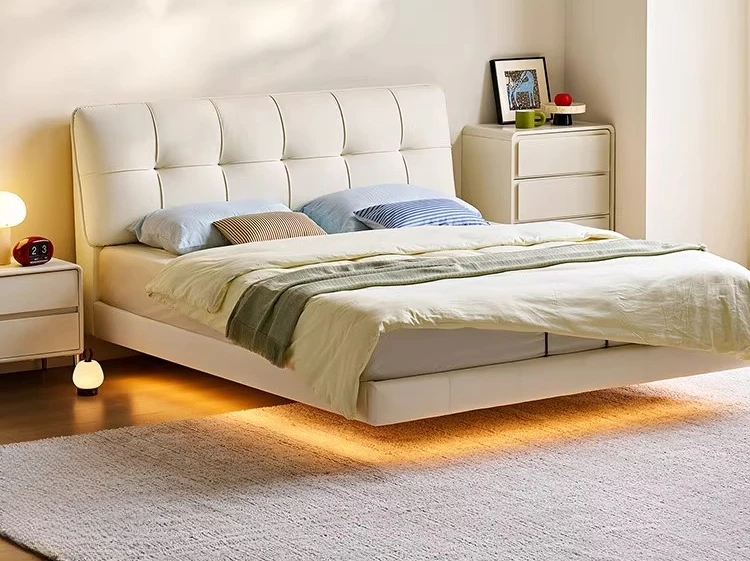 

Master bedroom queen bed modern minimalist suspended cream wind puff double frame