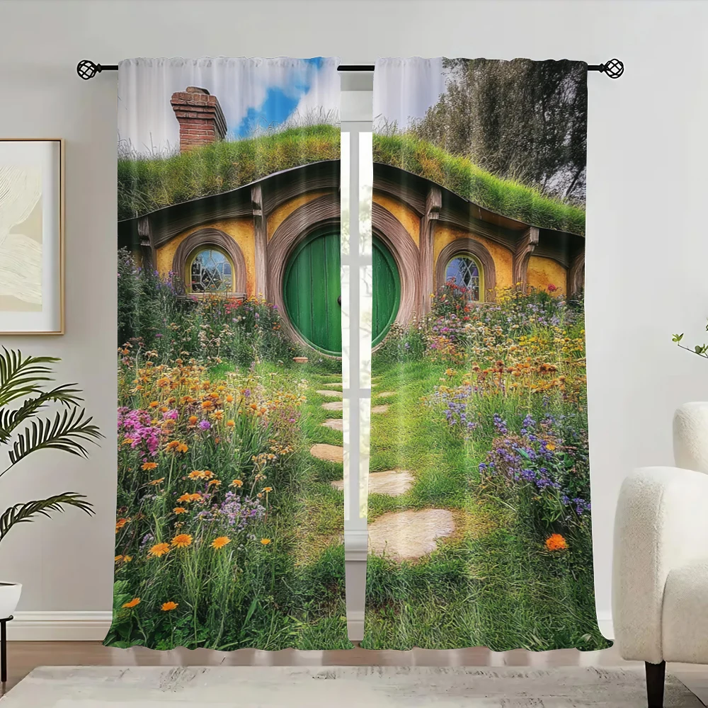 

2Pcs Fantasy Rural Green Cabin Aesthetic Curtain Birthday Party Decor Suitable For Bedroom Bathroom Living Room Dining Room