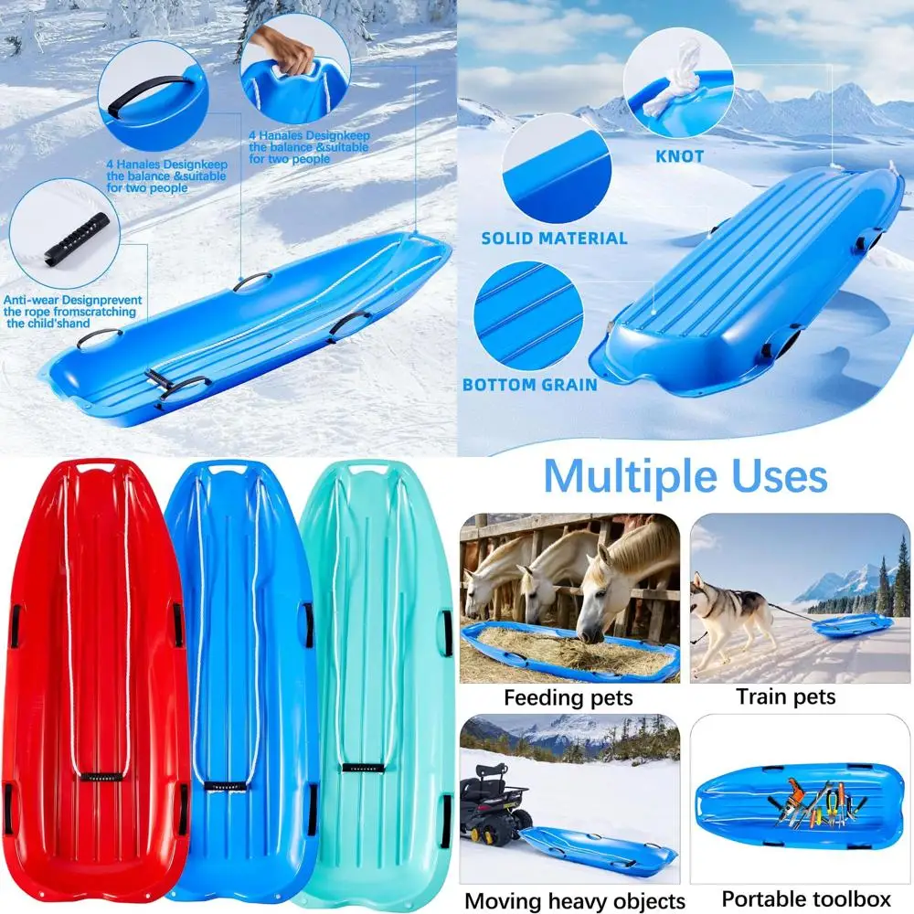 

48 пластиковых сани для взрослых и детей с веревкой и 4 ручками для зимних развлечений на открытом воздухе