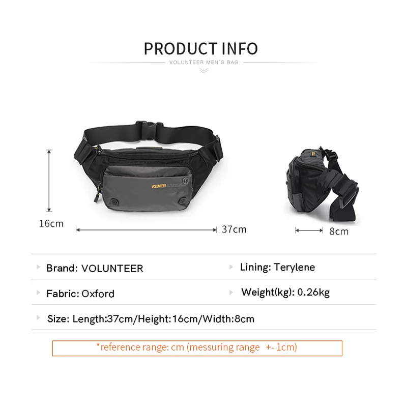VOLUNTEER Bust Bags for Men 2023 Stylish Light Weight High Quality Versatile Oxford Cloth Multi-pocket Waist Bags 1698-13