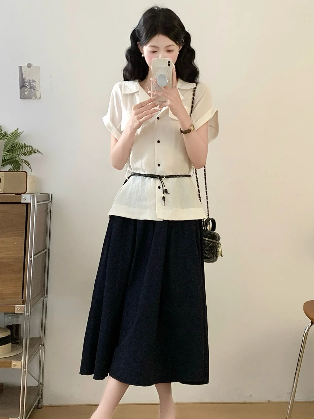

plus Size Summer New Drawstring Shirt V-Neck Slimming Half Skirt Set for Plump Women Commute Style Loose Fit Short Sleeve