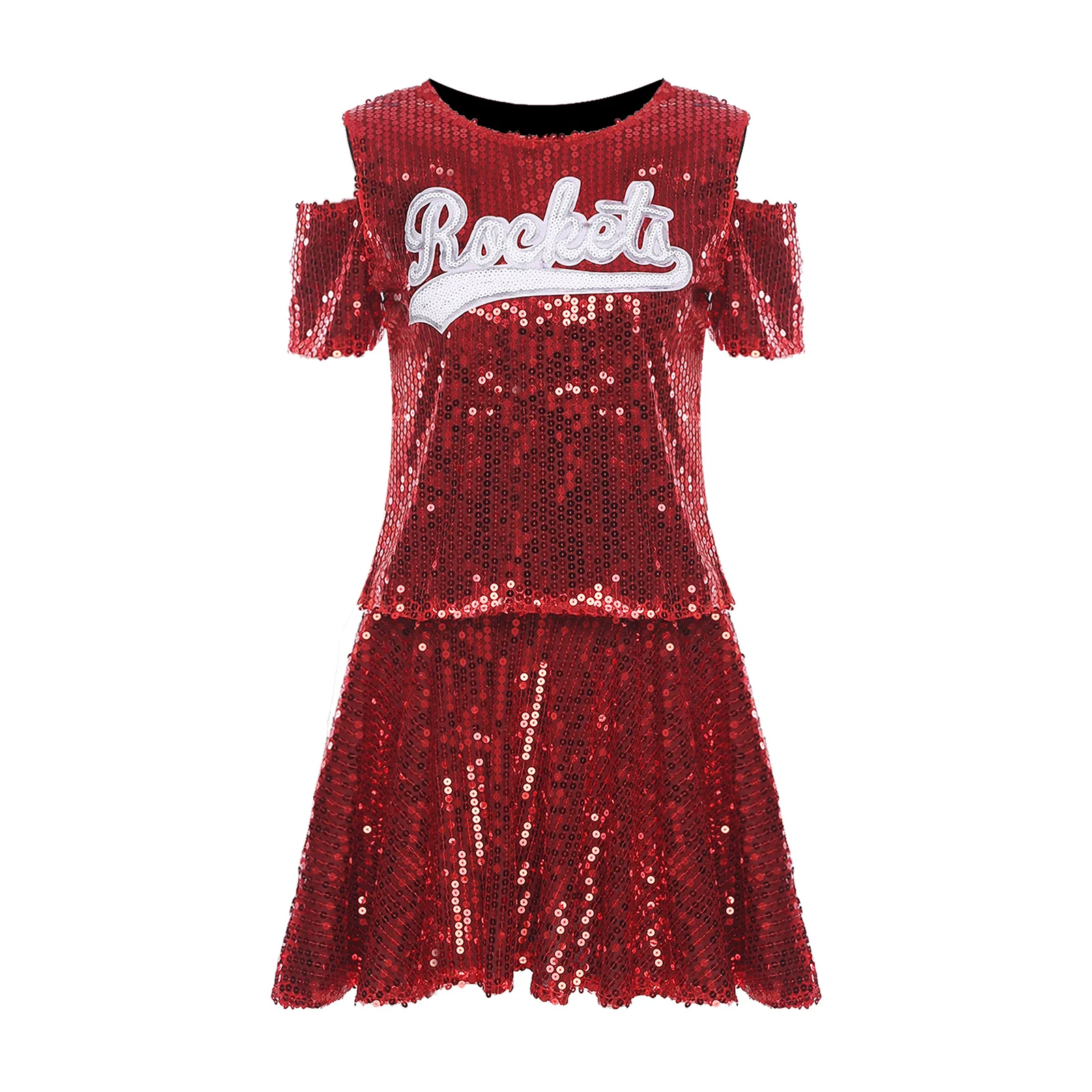 여성용 스팽글 댄스 유니폼 세트 재즈 치어리딩 반팔 콜드 숄더 레터 아플리케 티셔츠와 A라인 스커트 의상