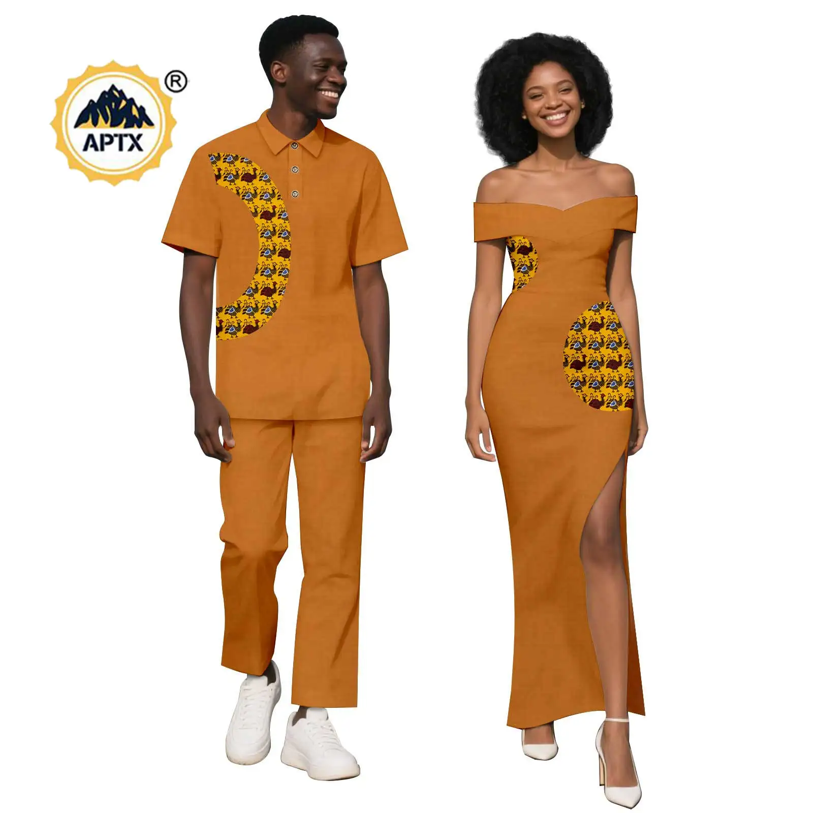 

African Sexy V-neck Dresses for Women Matching Couple Outfits African Clothes Dashiki Men Suits Top Shirt and Pant Sets 25C060