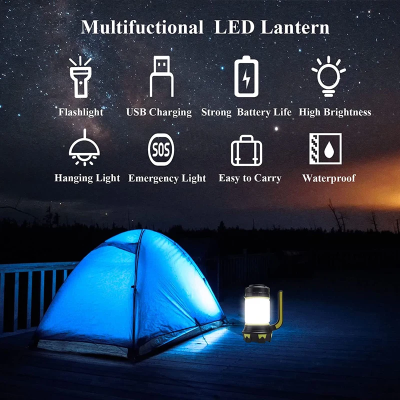 Camp Lamp LED Tent Light USB Rechargeable Flashlight Dimmable Spotlight Work Light Waterproof Searchlight Emergency Lantern