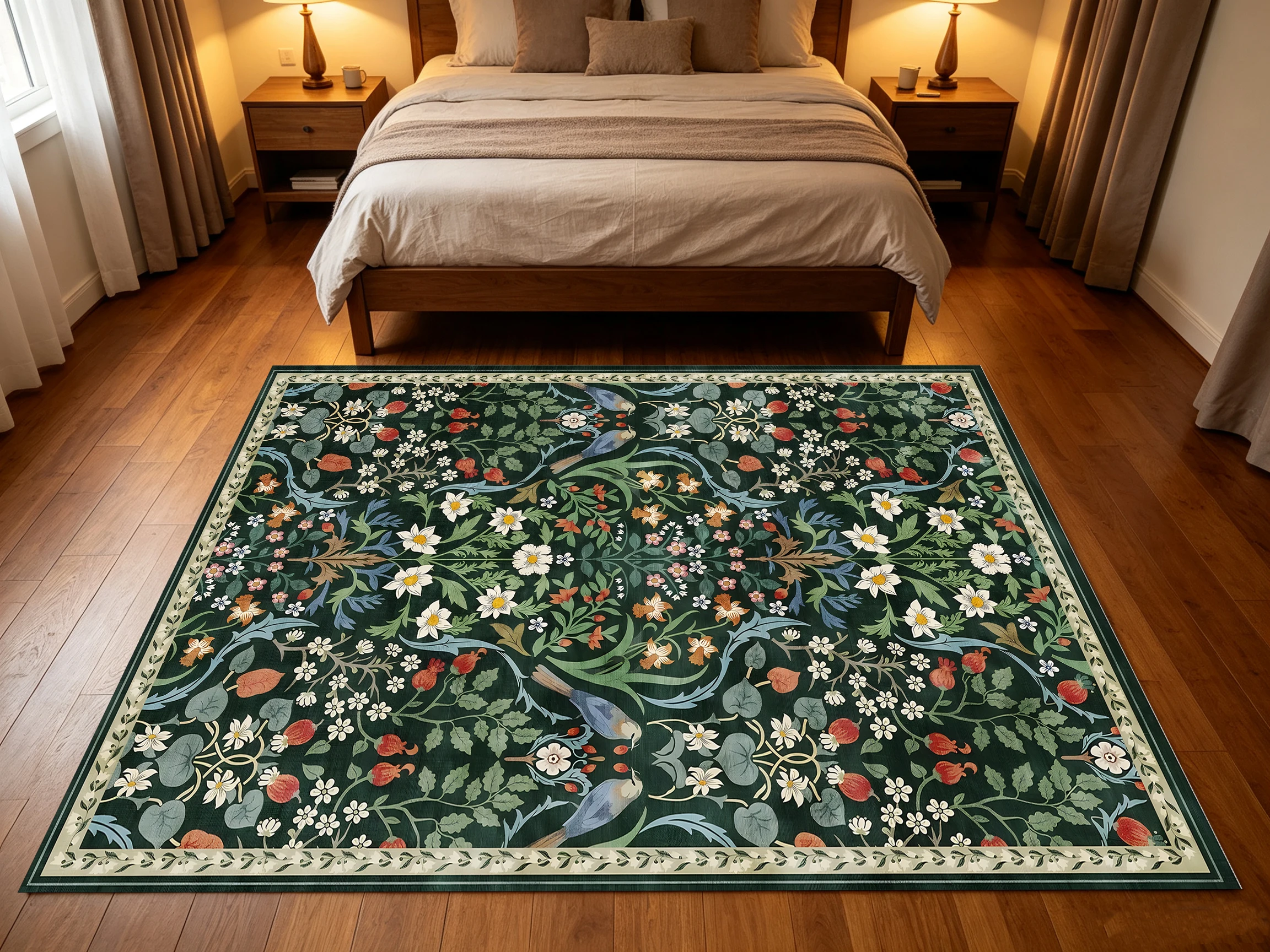 2D Large Rug, Dark Green Retro Floral & Bird Design, Soft to the Touch, for Living Room & Bedroom, Enhances the Space &