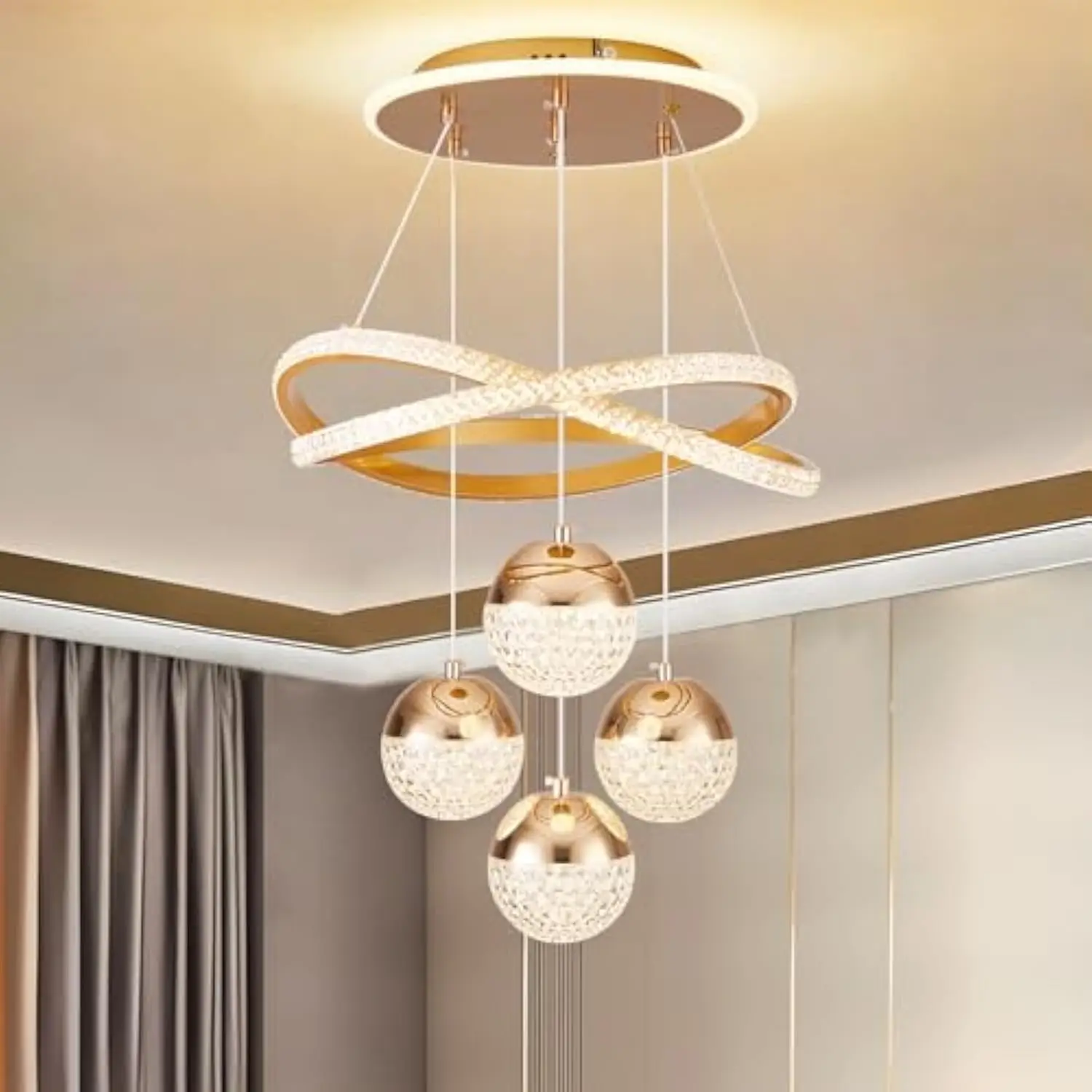 

Modern Gold Led Chandeliers, 3-Color Dimmable Pendant Light for Kitchen Island, Dining Room, Living Room, Contemporary Hanging