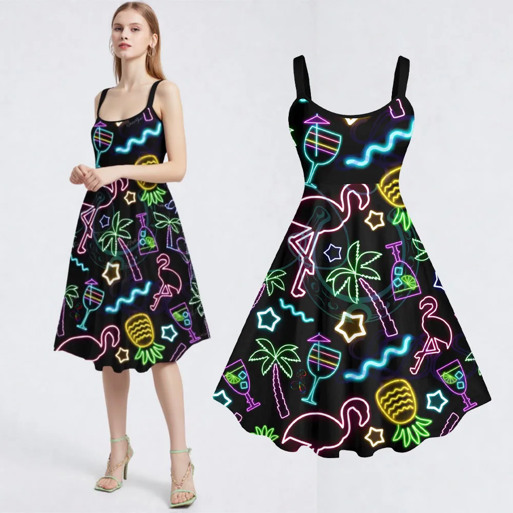 Vestido casual de talla grande para mujer con estampado de neón de flamencos, cocoteros, piñas y estrellas, estilo hawaiano, corte A, sin mangas