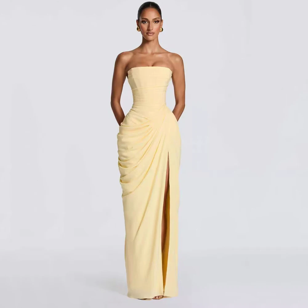 

LORIE Chic Yellow Evening Dress Pleats Strapless Sleeveless Party Dresses Sexy Mermaid Side Slit Prom Gowns Customized