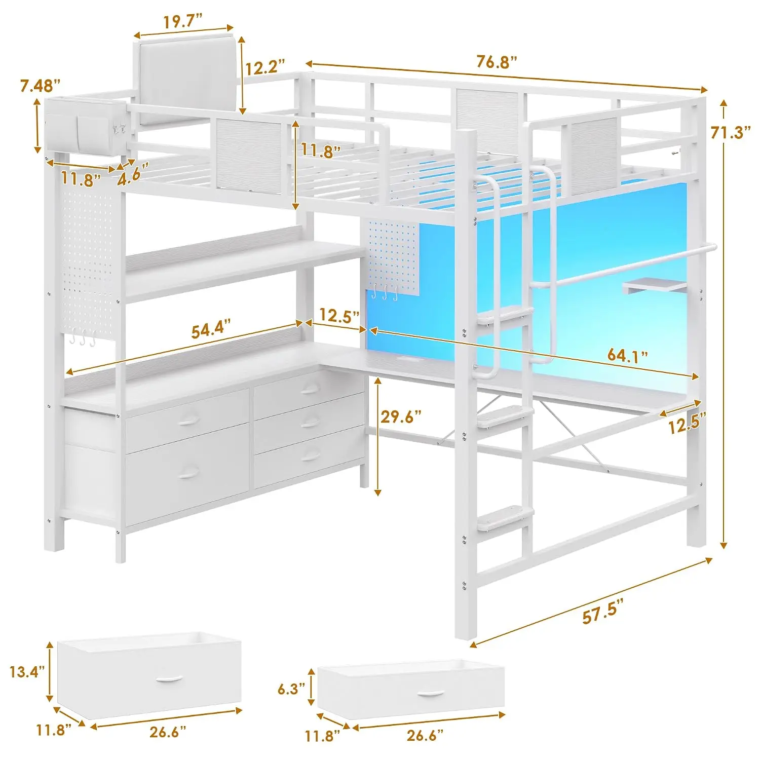 Full Size Loft Bed With Desk & 5 Storage Drawers, Customized