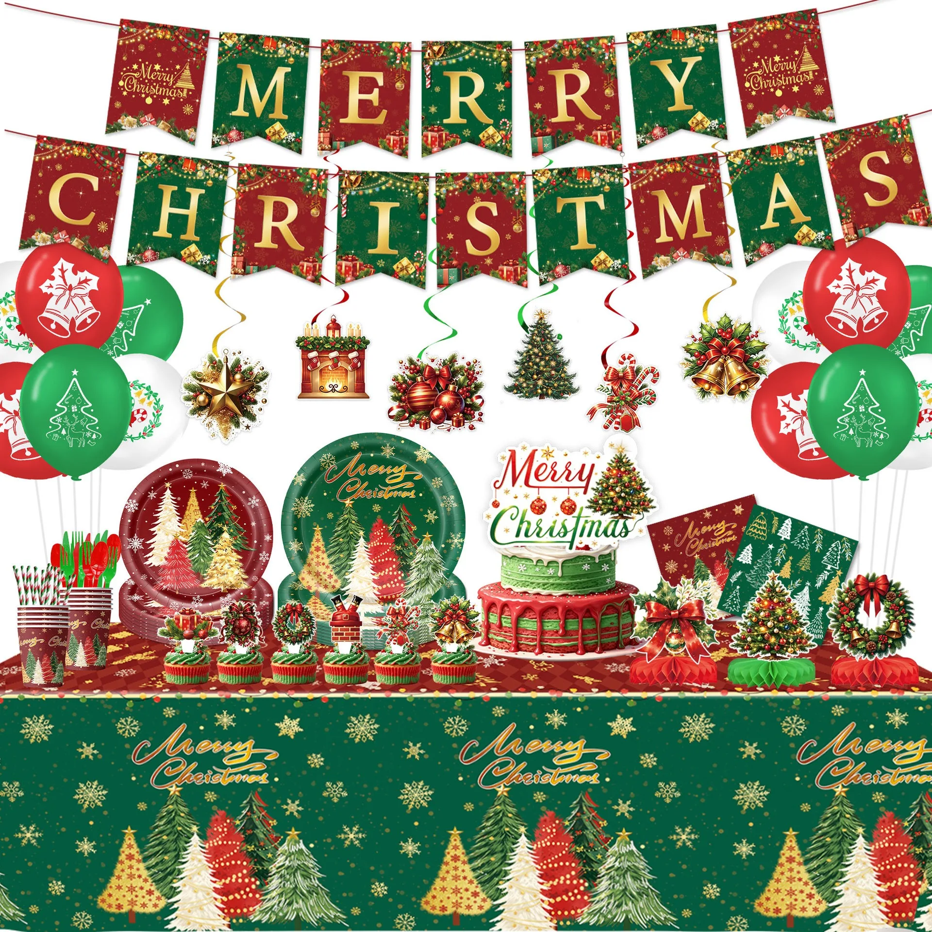 New Christmas Party Decoration Supplies Set Christmas Tree Disposable Paper Plate Tablecloth Holiday Party Decorations