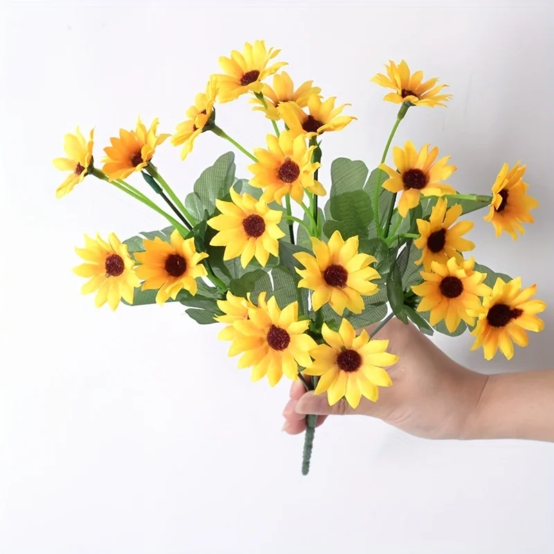 1 Bund, 24 Sonnenblumen-Simulationsblumen, Wohnzimmer-Dekorationsblumen, Party-Hochzeits-Dekorationsstrauß – Detail 7