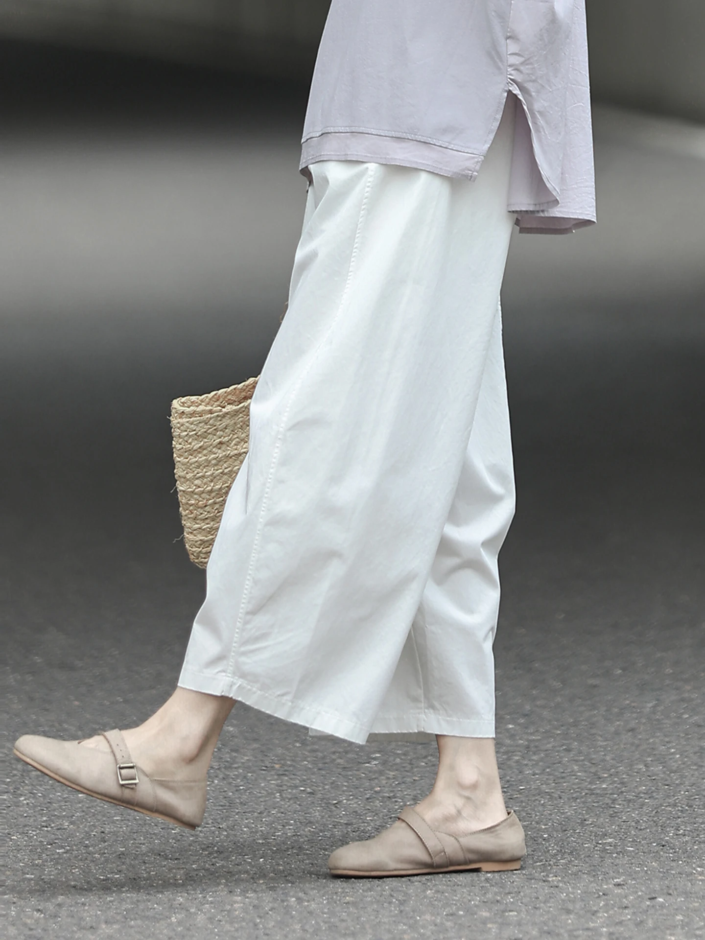 High Waist Wide Leg Pants Women's Loose Casual Cotton Trousers Artistic Japanese Style White High Density Cotton Nine Points