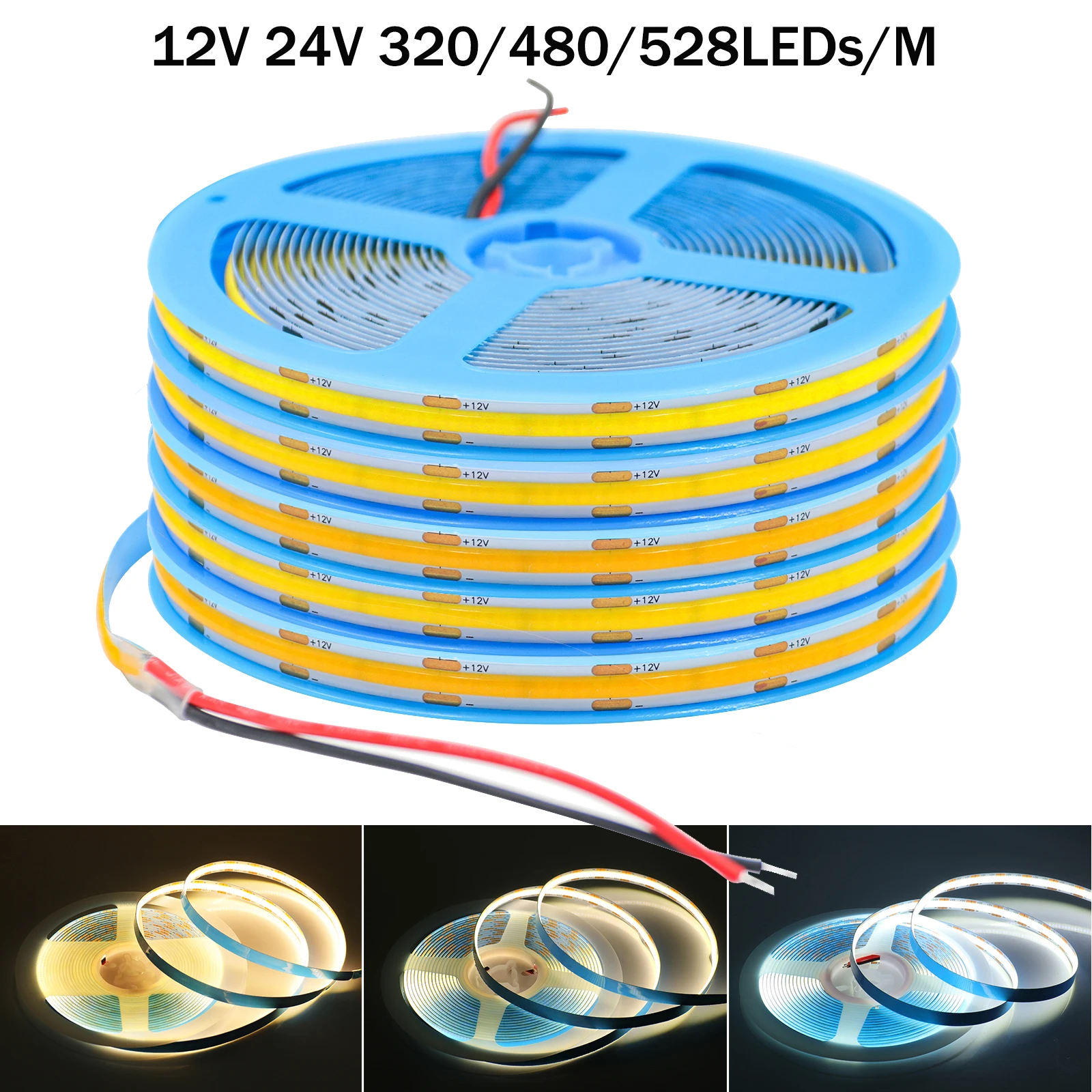 12V 24V COB LED Strip Light 320LEDs 480LEDs 528LEDs High Density Linear Light Flexible COB LED Tape 0.5-10m White Warm Natural