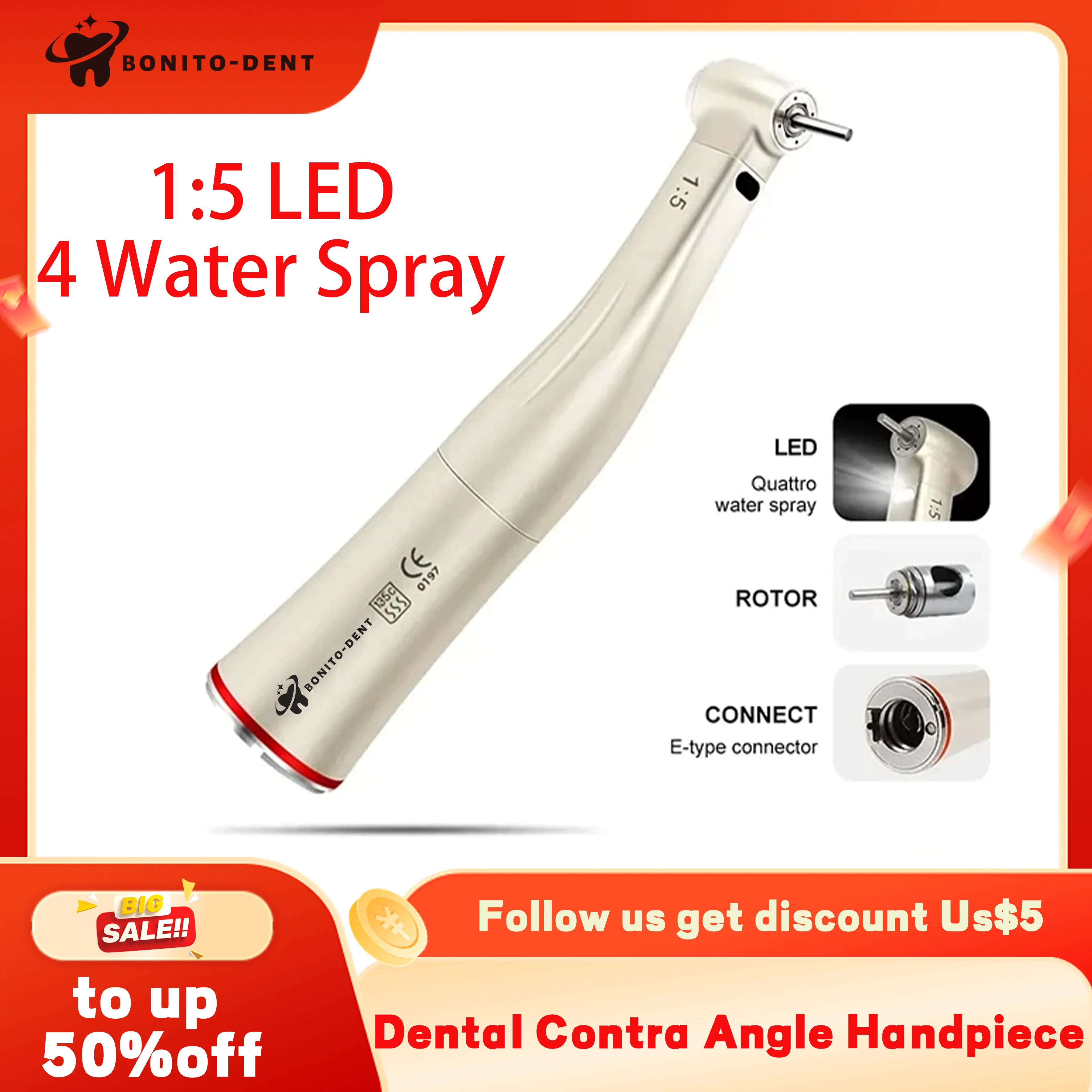 Dental Low Speed Handpiece 1:5 1:1 20:1 Fiber Optic LED Contra Angle Ceramic Bearing Internal 4 Spray Button Dentistry Tools