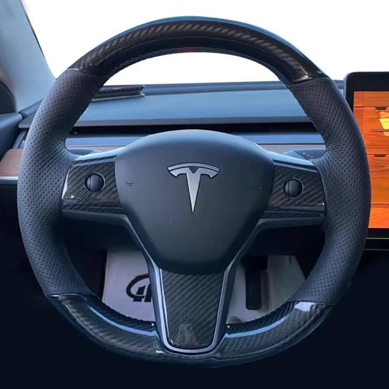 For Tesla Model 3 Model Y 2018-2021 Hand stitched non-slip white Genuine Leather Carbon Fiber  car Steering Wheel Cover