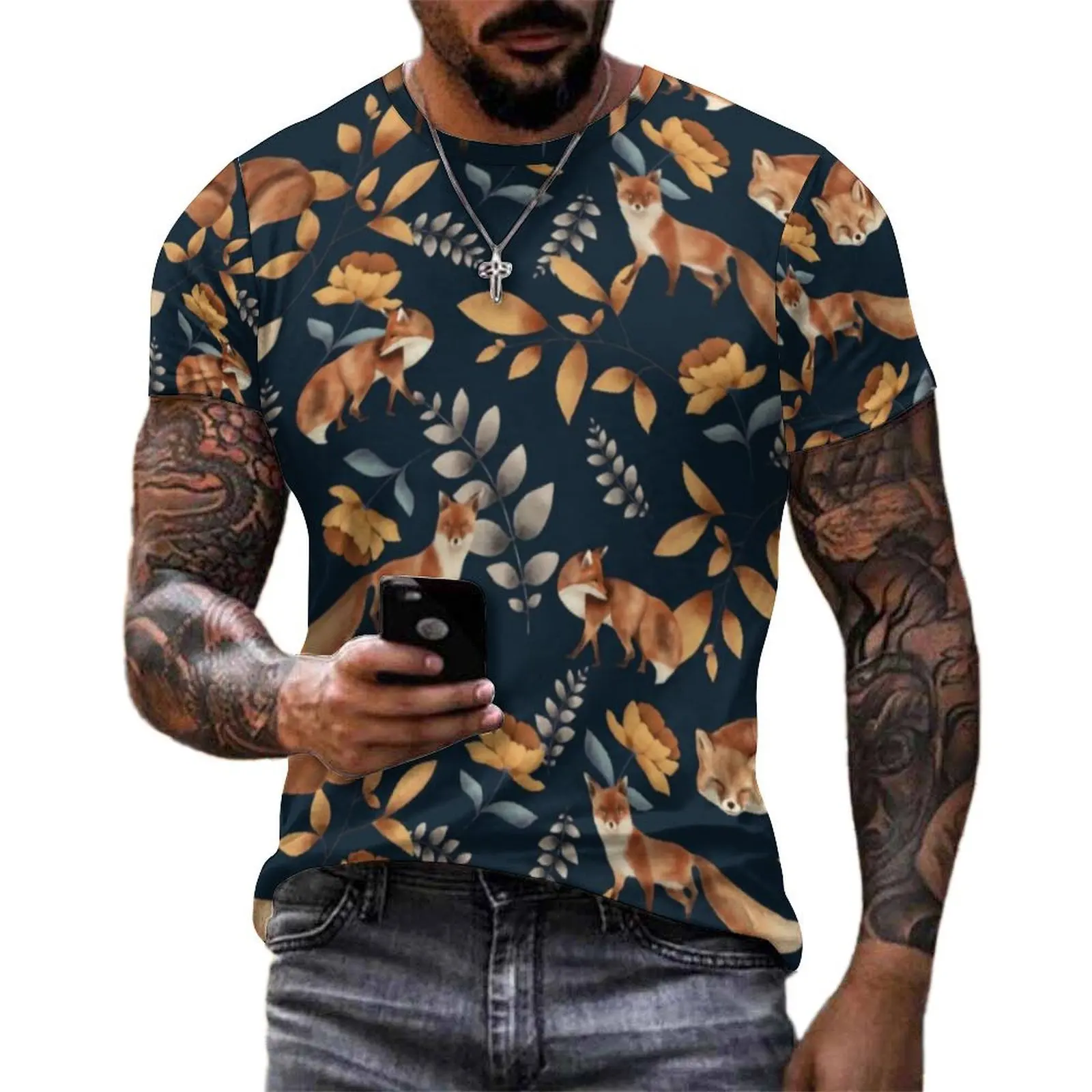 Oversized T Shirt Summer Cute Fox Print T Shirts Wild Animal Casual O-Neck Tee Shirt Men Novelty Printed Clothing