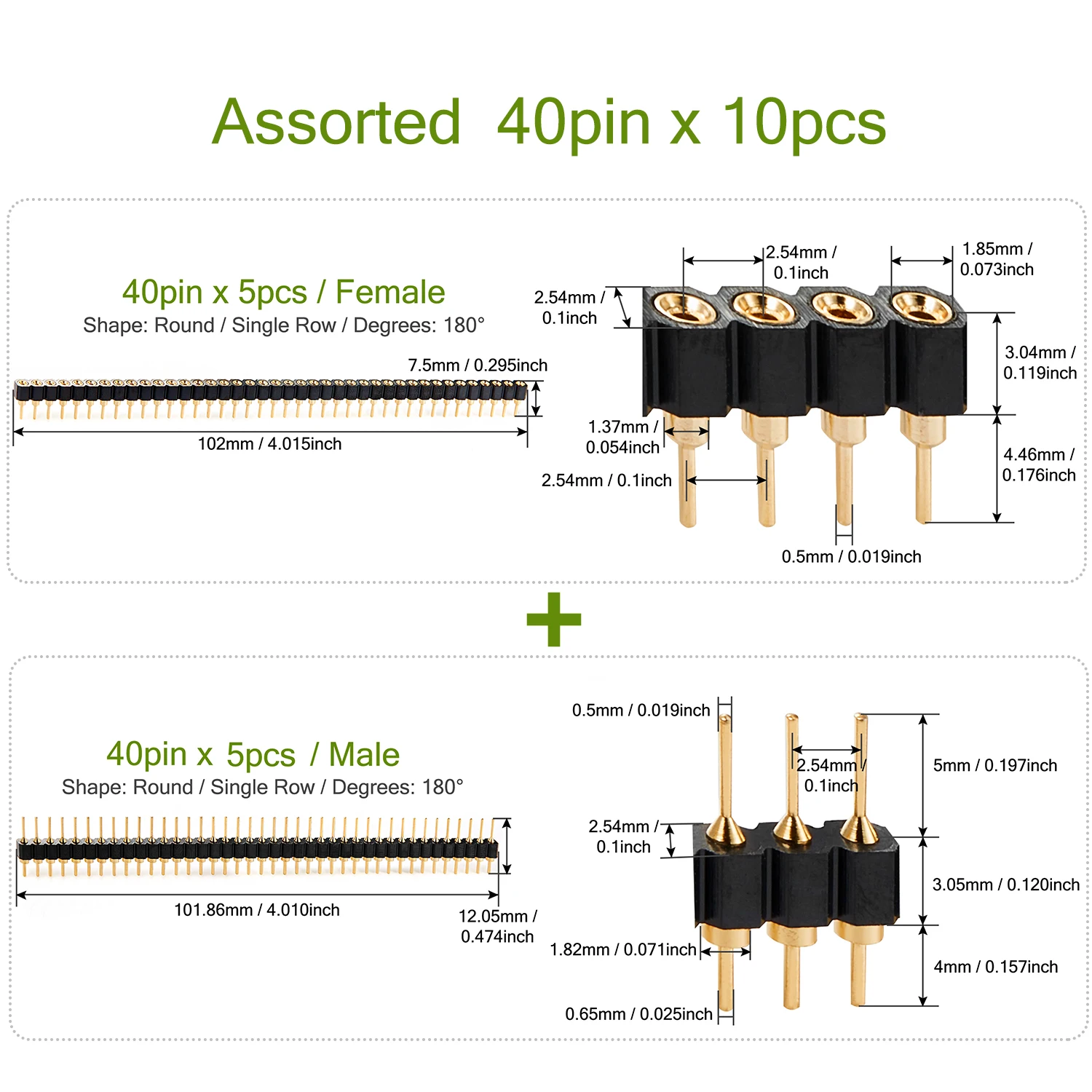 Male Female Round Single Row 40 Pin Header 2.54mm Breakable Pitch Stacking Connector Strip for Arduino PCB Socket Board 40pin