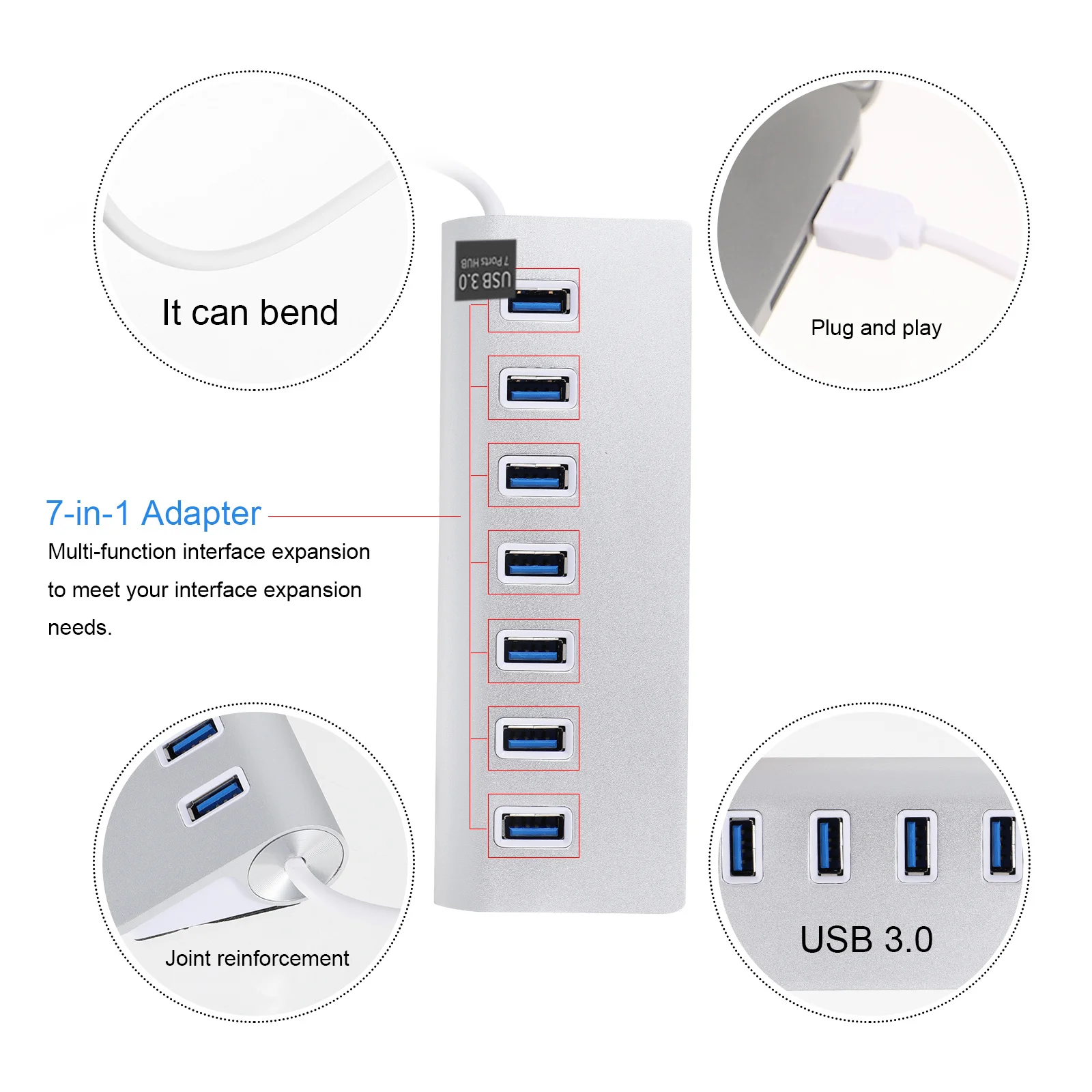 

7 Ports Usb Hub Usb 3.0 Data Dock For Portable Hard Drive Charging Vertical Design Splitter Compatible With Usb2.0