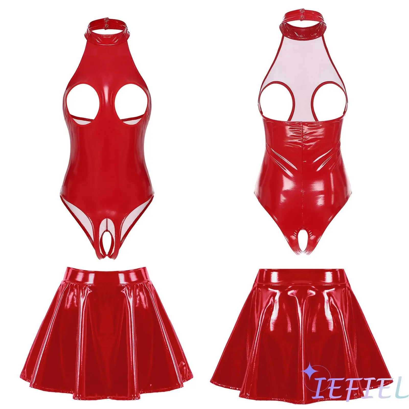 

Women Pole Dance Show Suit Female Lingerie Night Club Performance Latex Set Bodysuit with Flared Miniskirt Wet Look Outfits