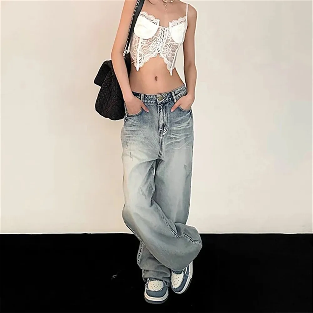 Y2K Baggy Jeans Women Vintage Streetwear Oversized Retro Korean Style Denim Pants Skinny Hippie Straight Wide Leg Denim Trousers