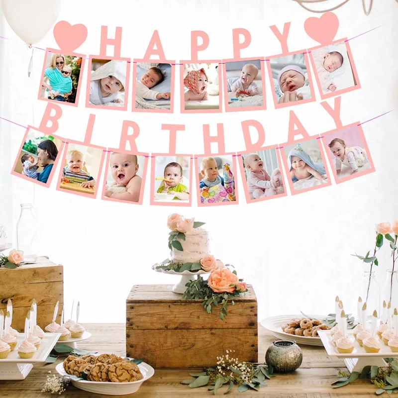 Happy Birthday Photo Frame Banner First 1st Bithday Party Decoration Kids Baby Boy Girl One Year 12 Month Newborn Photo Garland