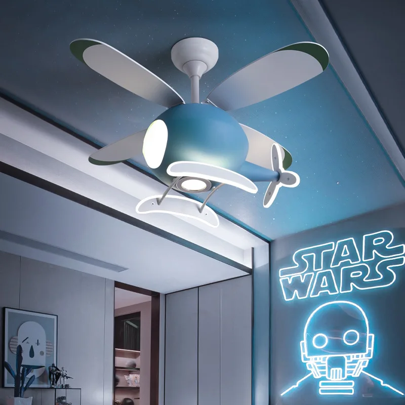 Children's Bedroom Helicopter Model Ceiling Fan with Lights Winter Summer Cartoon Ceiling Lamps for Children's Bedroom Indoor