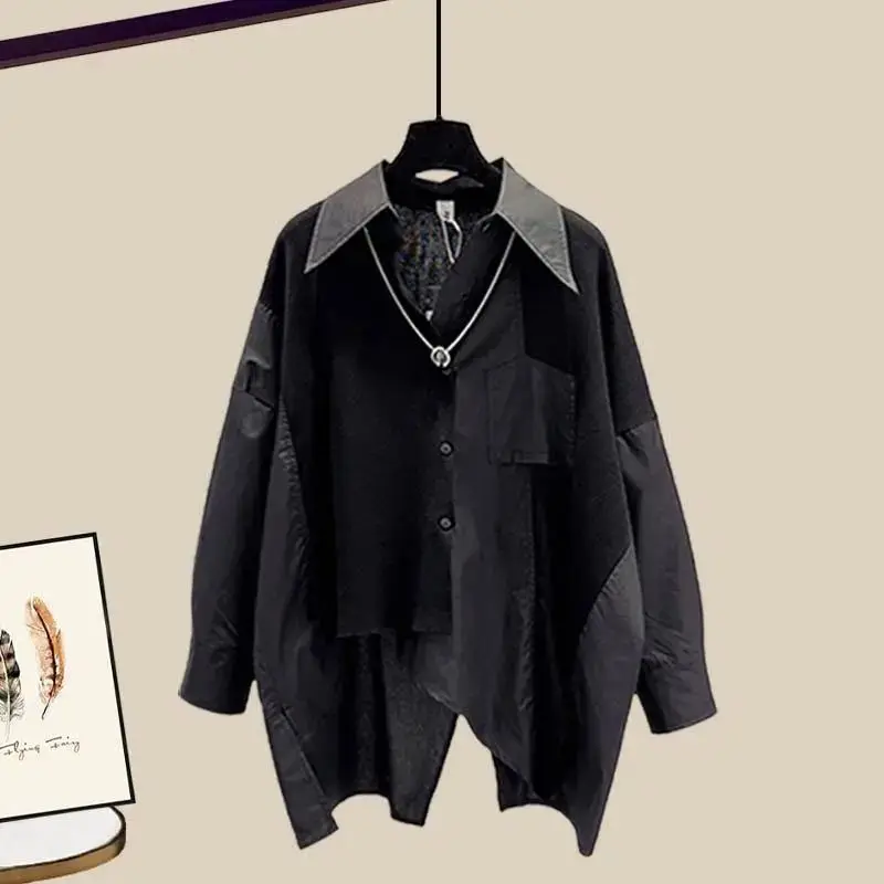 

Весенне-осенняя асимметричная блузка с длинным рукавом, повседневная, модная, женская одежда, с контрастными вставками, свободного кроя