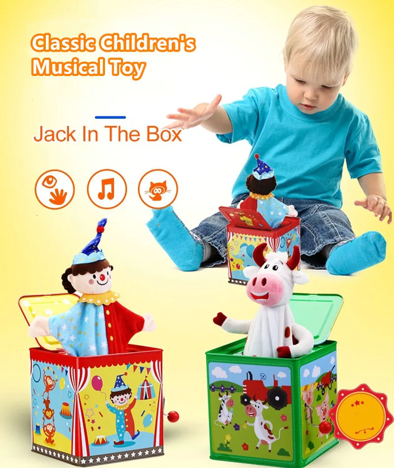 Jack in the Box Brinquedo musical infantil clássico Caixa de lata